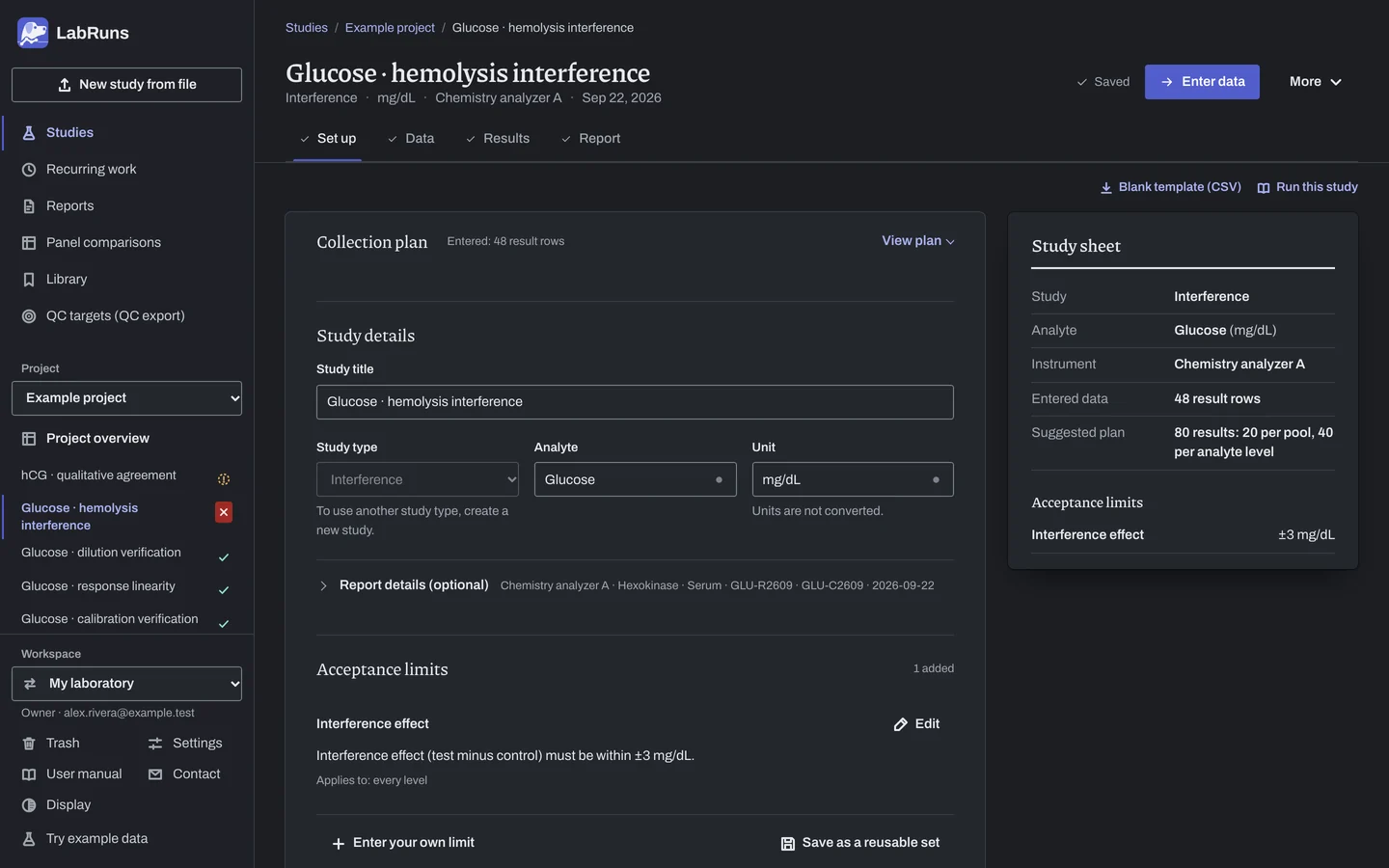 The Set up stage of the example study Glucose · hemolysis interference in LabRuns: the study’s settings and acceptance limits.