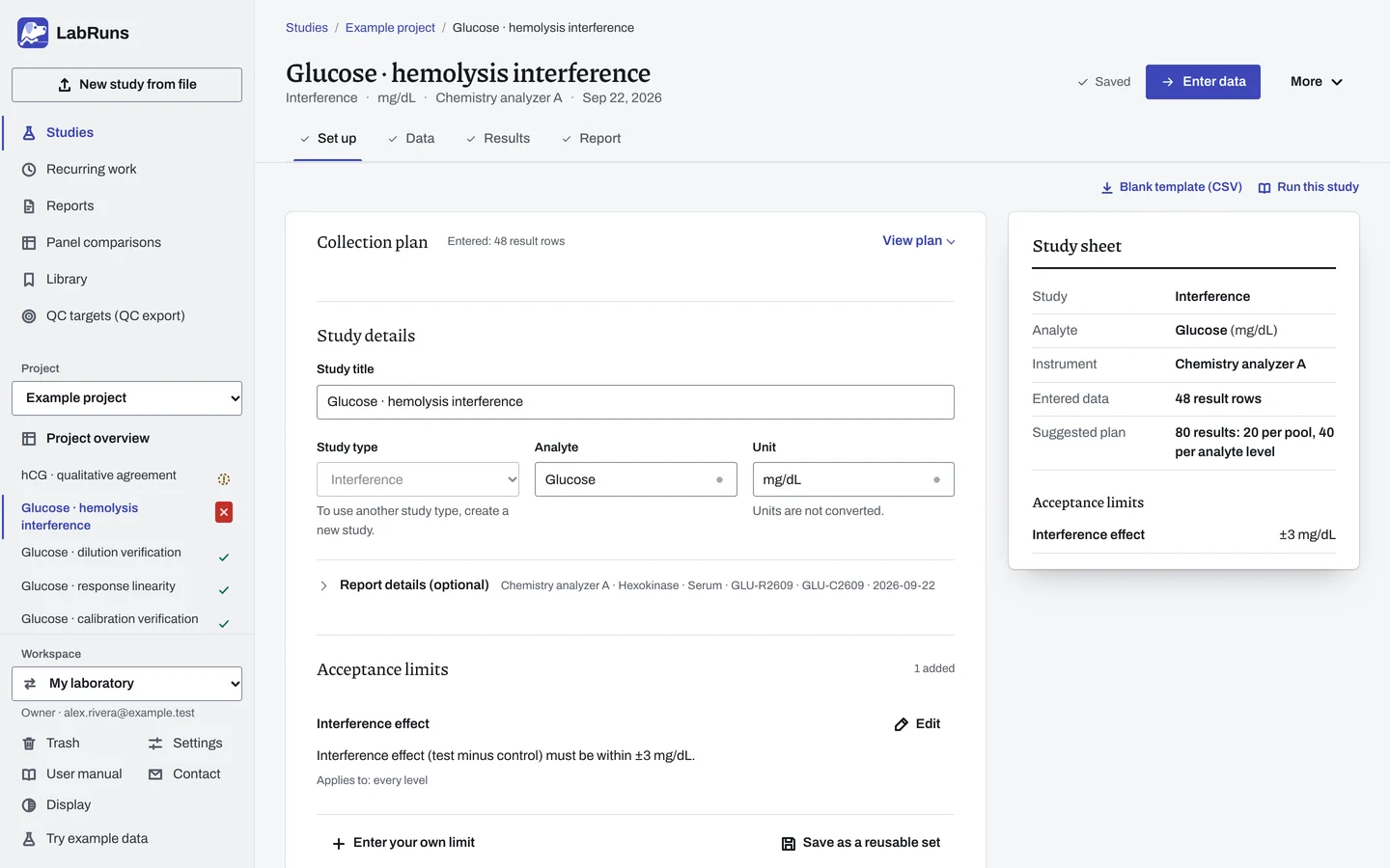 The Set up stage of the example study Glucose · hemolysis interference in LabRuns: the study’s settings and acceptance limits.