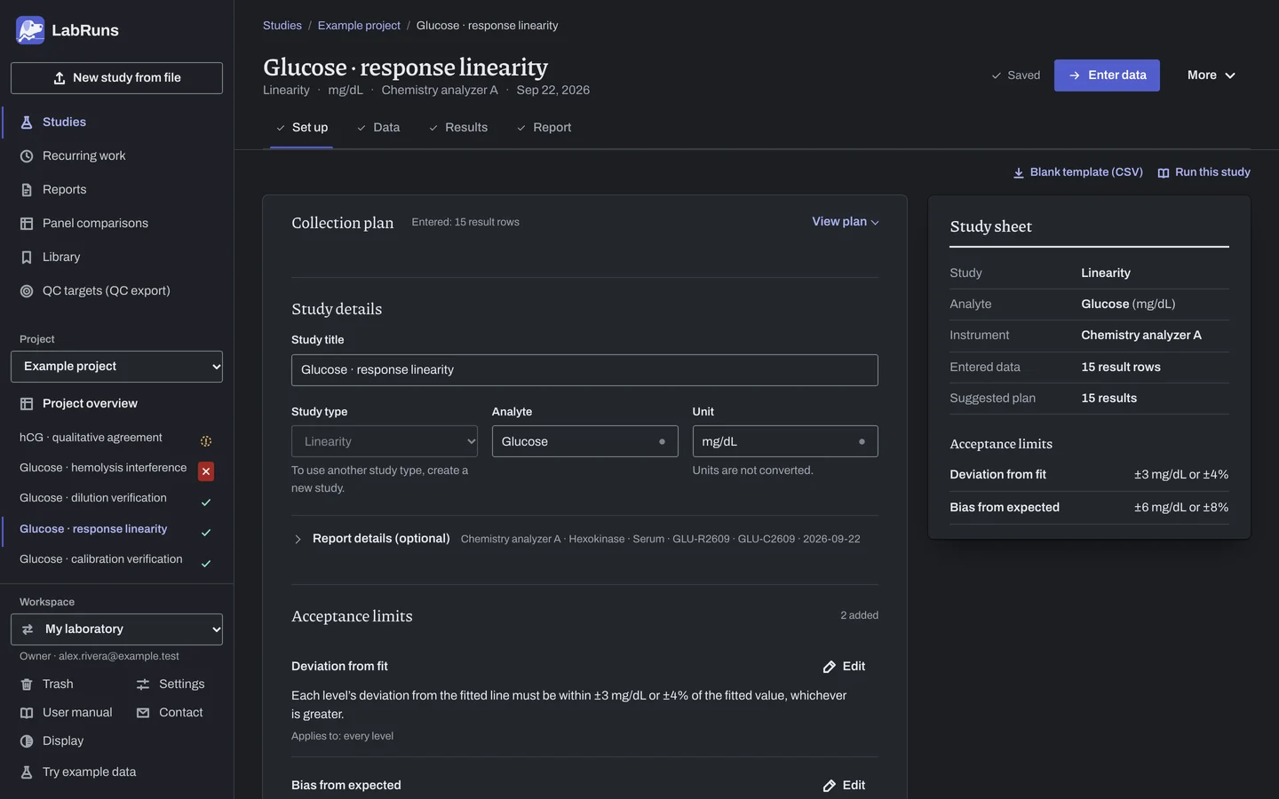 The Set up stage of the example study Glucose · response linearity in LabRuns: the study’s settings and acceptance limits.