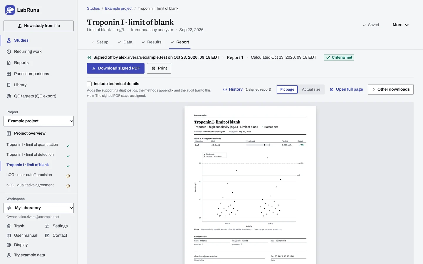 The Report stage of the example study Troponin I · limit of blank in LabRuns: page 1 of the study’s report.