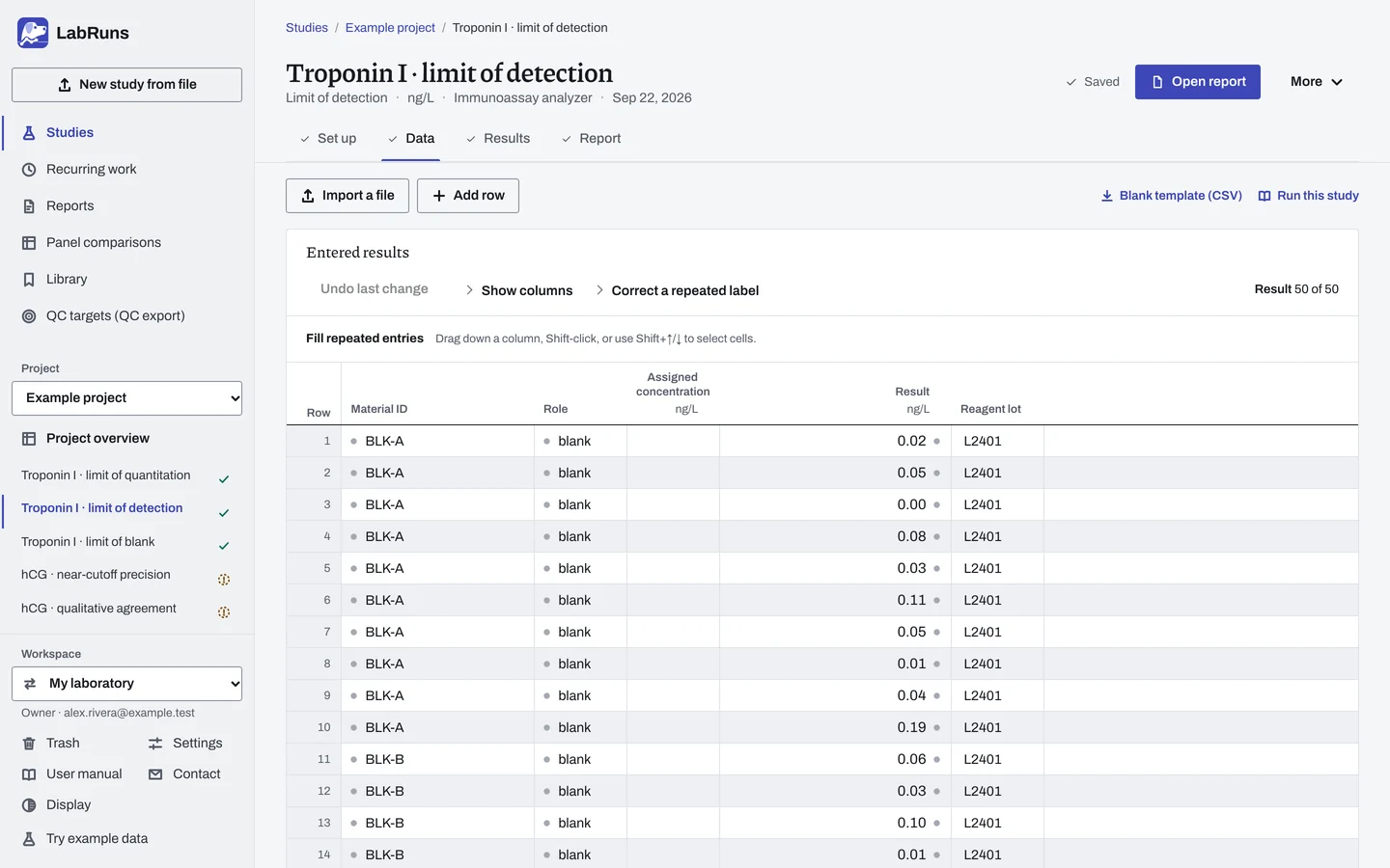The Data stage of the example study Troponin I · limit of detection in LabRuns: the example results as entered.