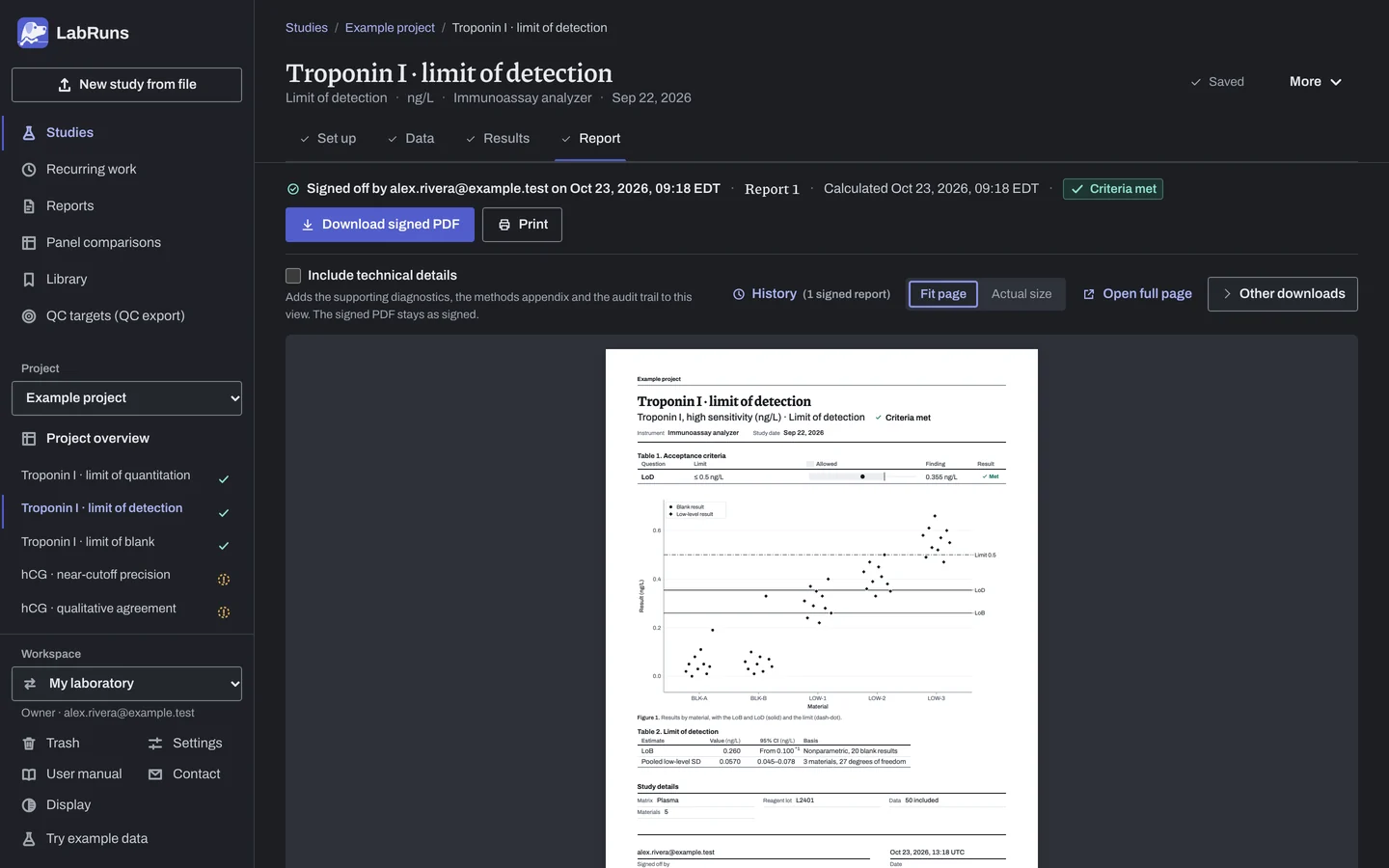 The Report stage of the example study Troponin I · limit of detection in LabRuns: page 1 of the study’s report.