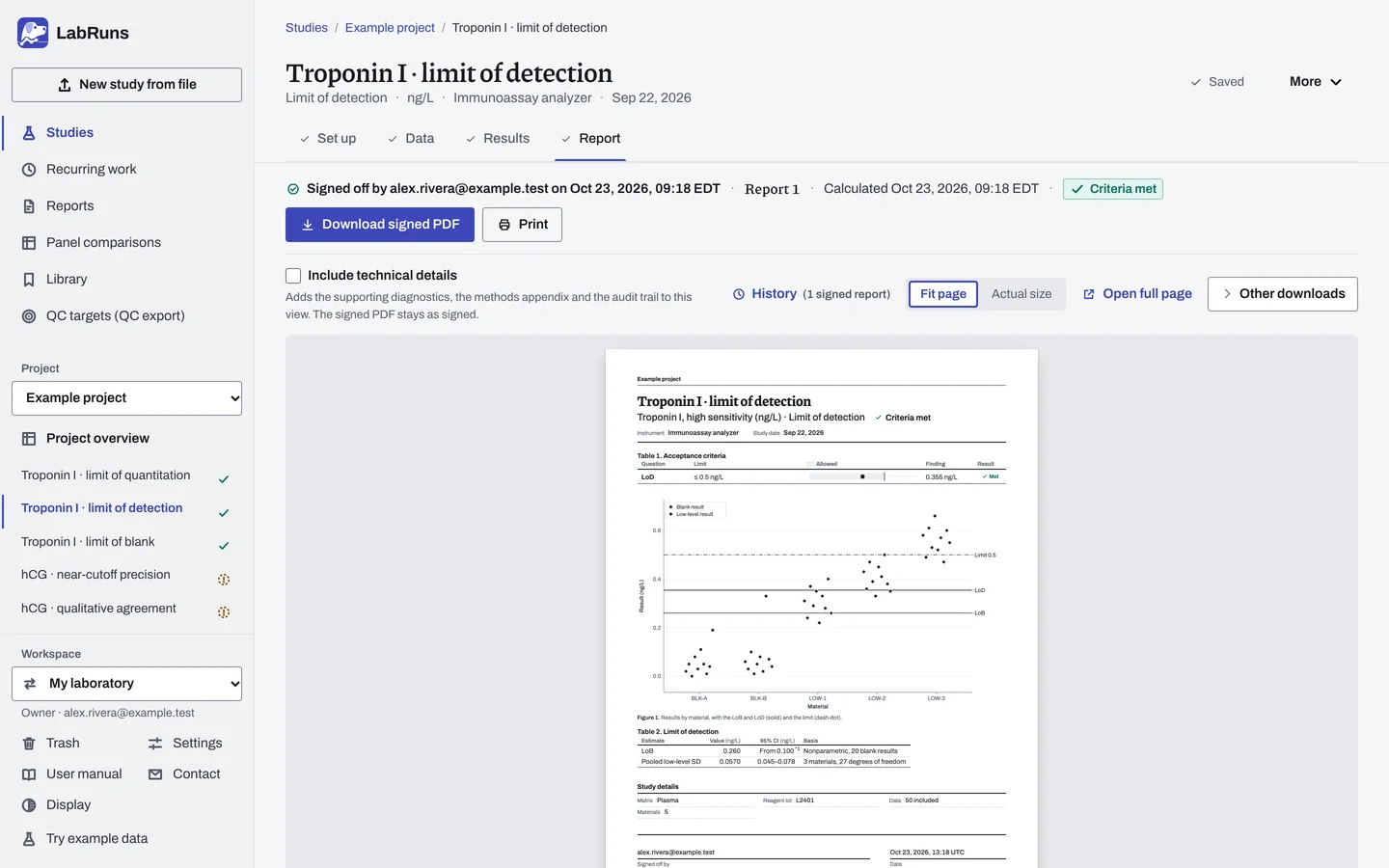 The Report stage of the example study Troponin I · limit of detection in LabRuns: page 1 of the study’s report.