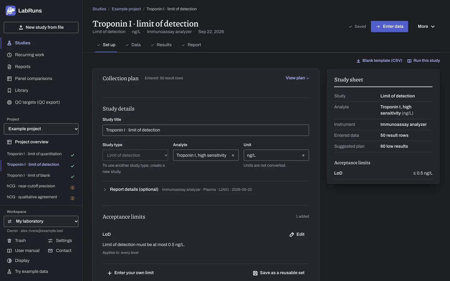 The Set up stage of the example study Troponin I · limit of detection in LabRuns: the study’s settings and acceptance limits.