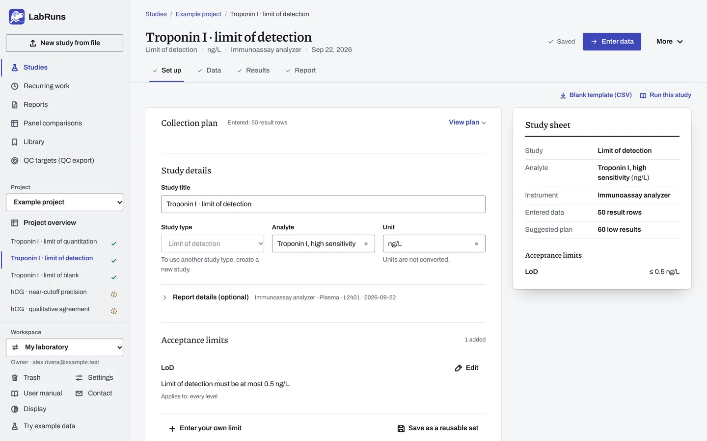 The Set up stage of the example study Troponin I · limit of detection in LabRuns: the study’s settings and acceptance limits.