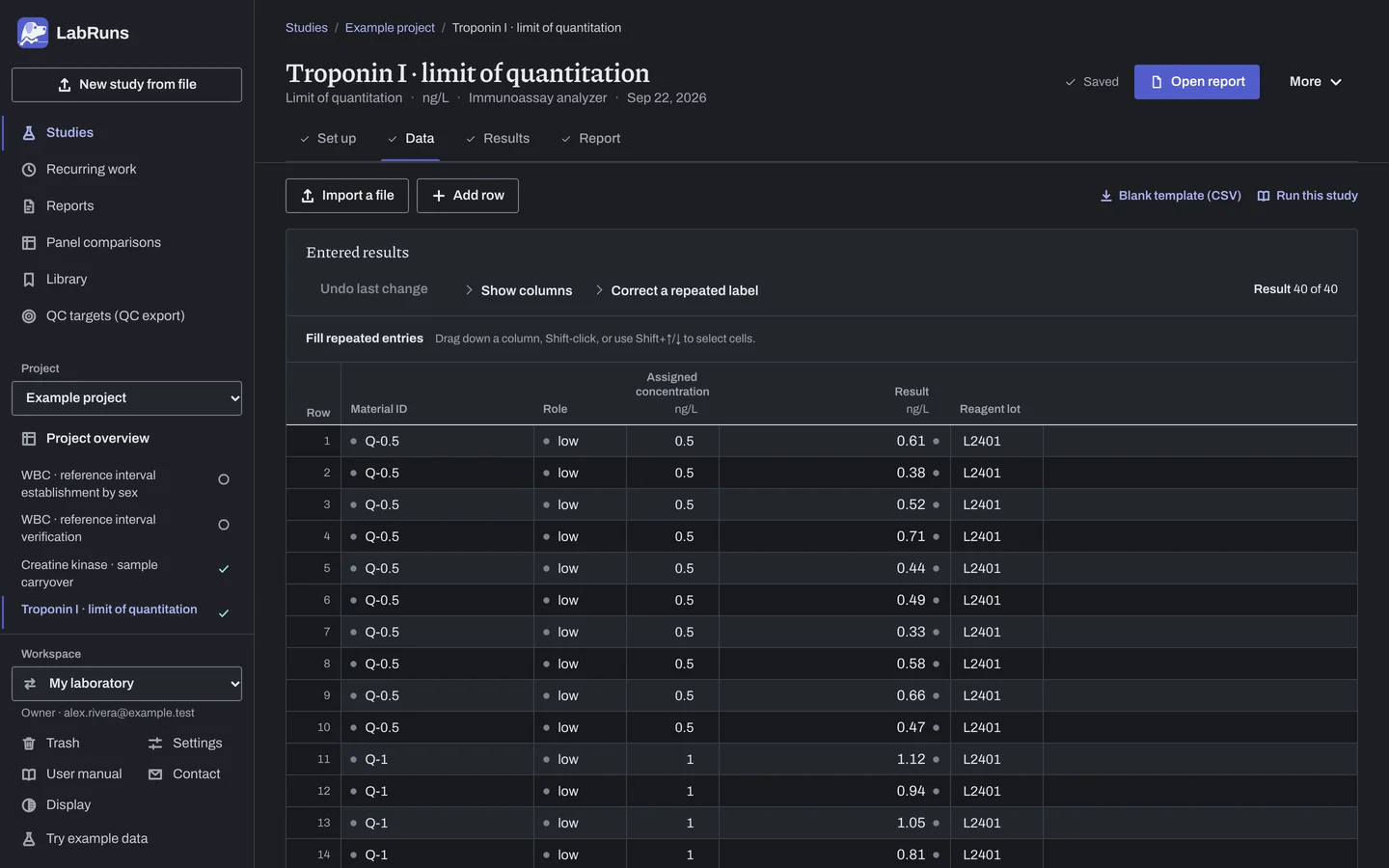 The Data stage of the example study Troponin I · limit of quantitation in LabRuns: the example results as entered.