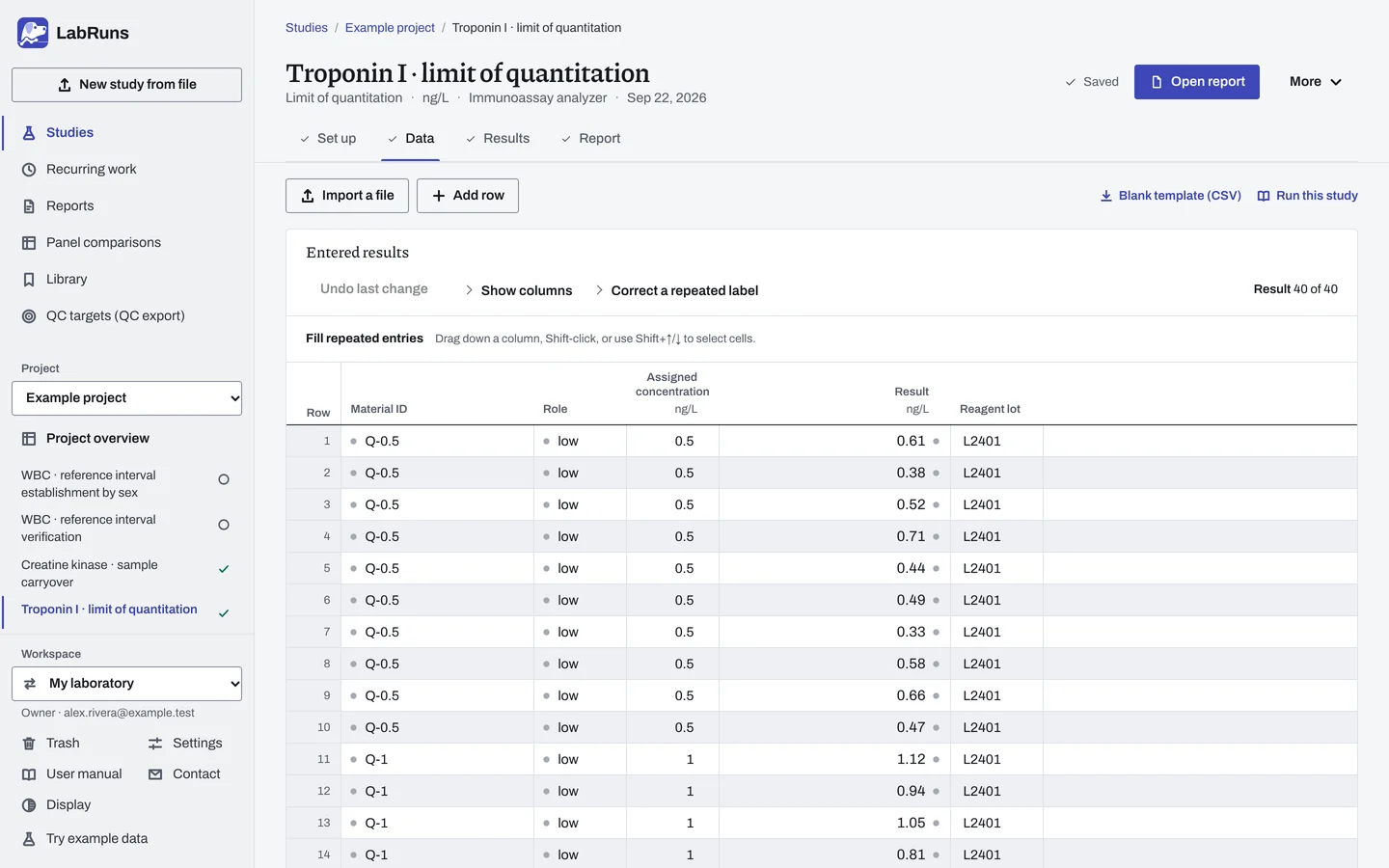 The Data stage of the example study Troponin I · limit of quantitation in LabRuns: the example results as entered.