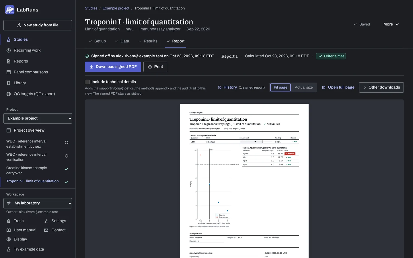 The Report stage of the example study Troponin I · limit of quantitation in LabRuns: page 1 of the study’s report.