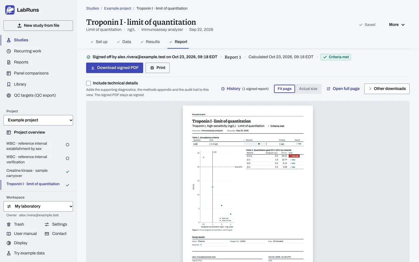 The Report stage of the example study Troponin I · limit of quantitation in LabRuns: page 1 of the study’s report.
