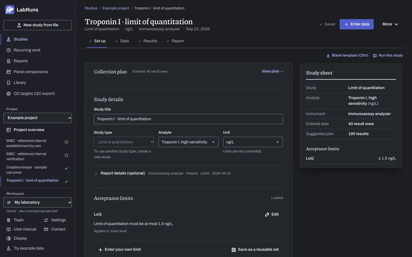 The Set up stage of the example study Troponin I · limit of quantitation in LabRuns: the study’s settings and acceptance limits.