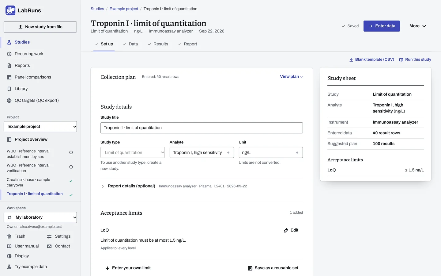 The Set up stage of the example study Troponin I · limit of quantitation in LabRuns: the study’s settings and acceptance limits.