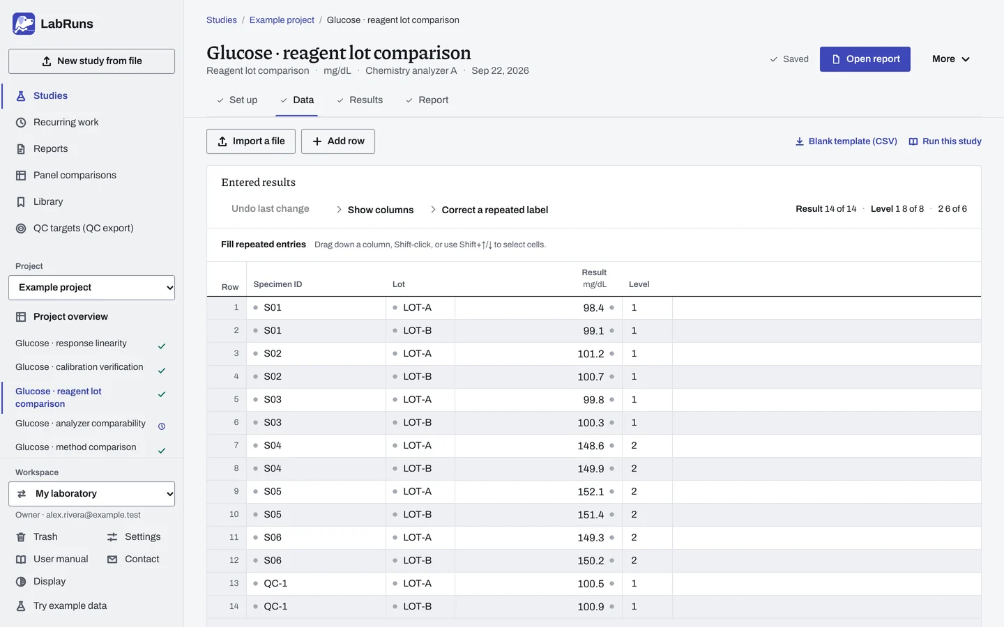 The Data stage of the example study Glucose · reagent lot comparison in LabRuns: the example results as entered.