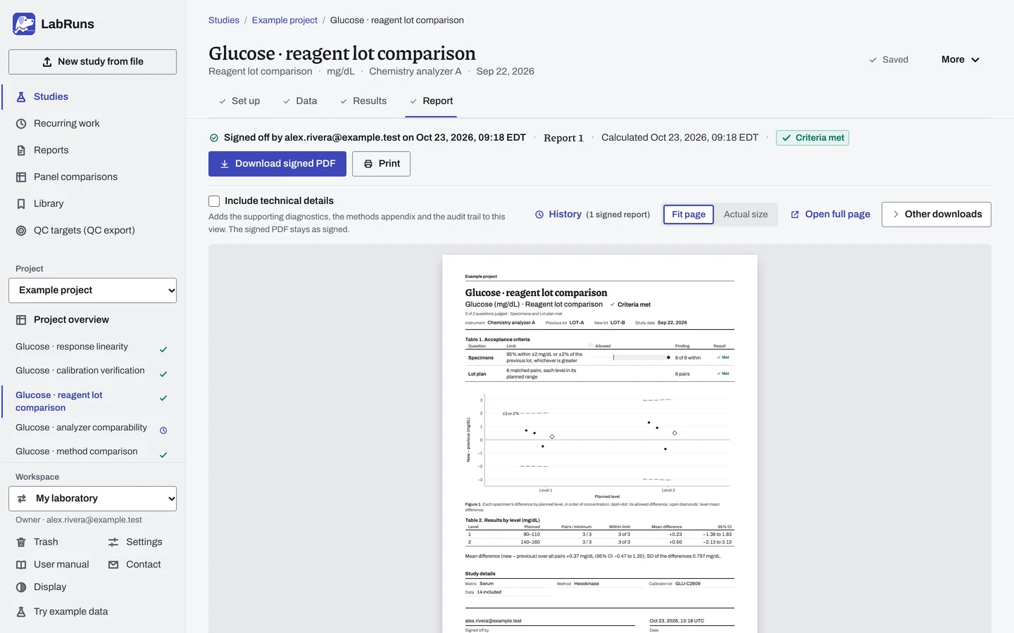 The Report stage of the example study Glucose · reagent lot comparison in LabRuns: page 1 of the study’s report.