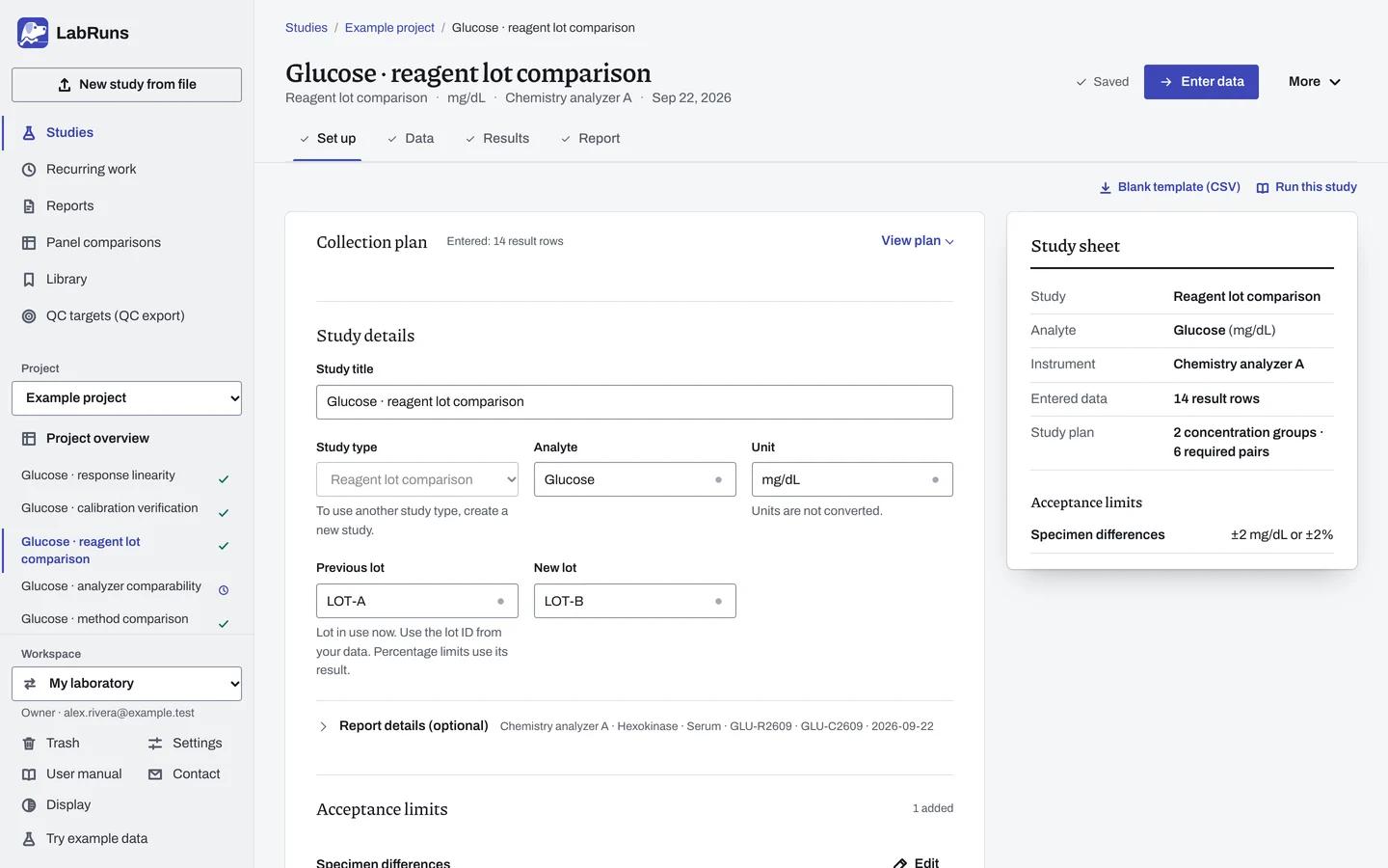 The Set up stage of the example study Glucose · reagent lot comparison in LabRuns: the study’s settings and acceptance limits.