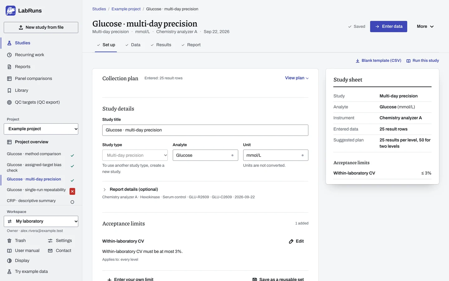 The Set up stage of the example study Glucose · multi-day precision in LabRuns: the study’s settings and acceptance limits.