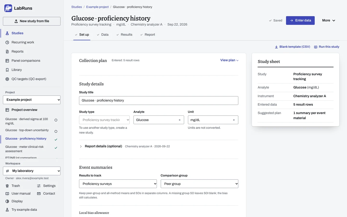 The Set up stage of the example study Glucose · proficiency history in LabRuns: the study’s settings and acceptance limits.