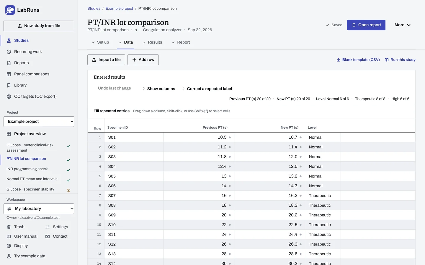 The Data stage of the example study PT/INR lot comparison in LabRuns: the example results as entered.
