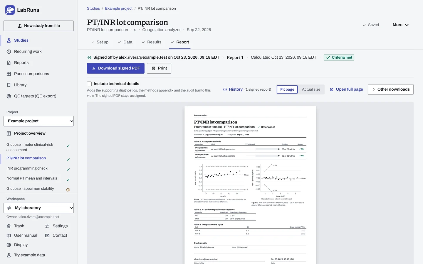 The Report stage of the example study PT/INR lot comparison in LabRuns: page 1 of the study’s report.