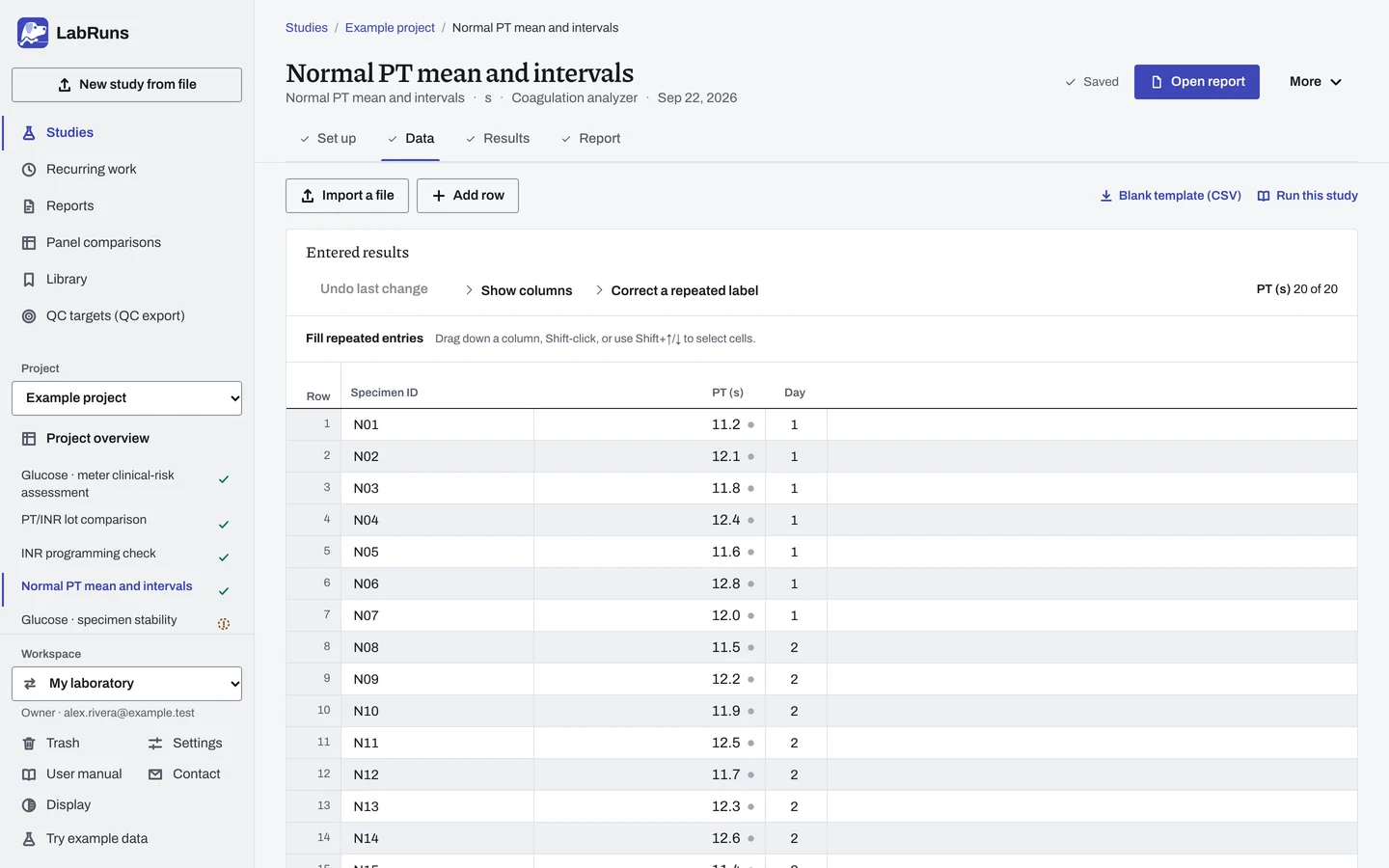 The Data stage of the example study Normal PT mean and intervals in LabRuns: the example results as entered.