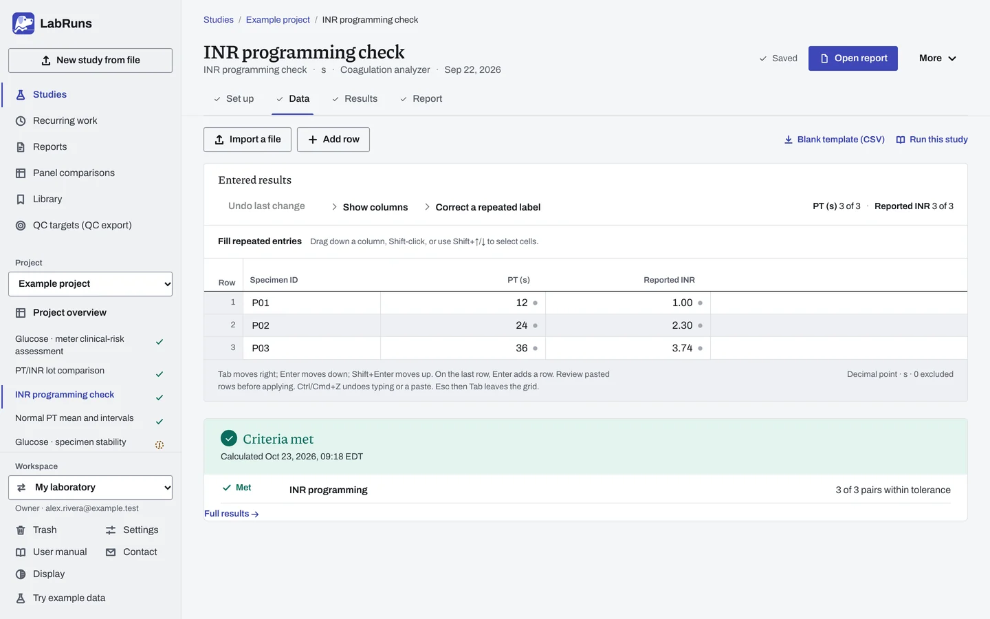 The Data stage of the example study INR programming check in LabRuns: the example results as entered.