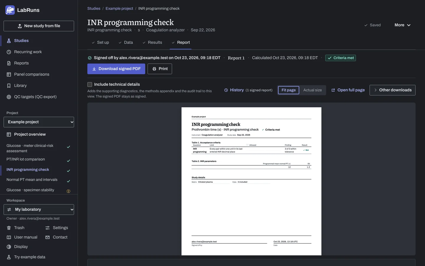The Report stage of the example study INR programming check in LabRuns: page 1 of the study’s report.