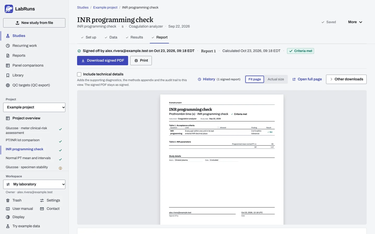 The Report stage of the example study INR programming check in LabRuns: page 1 of the study’s report.
