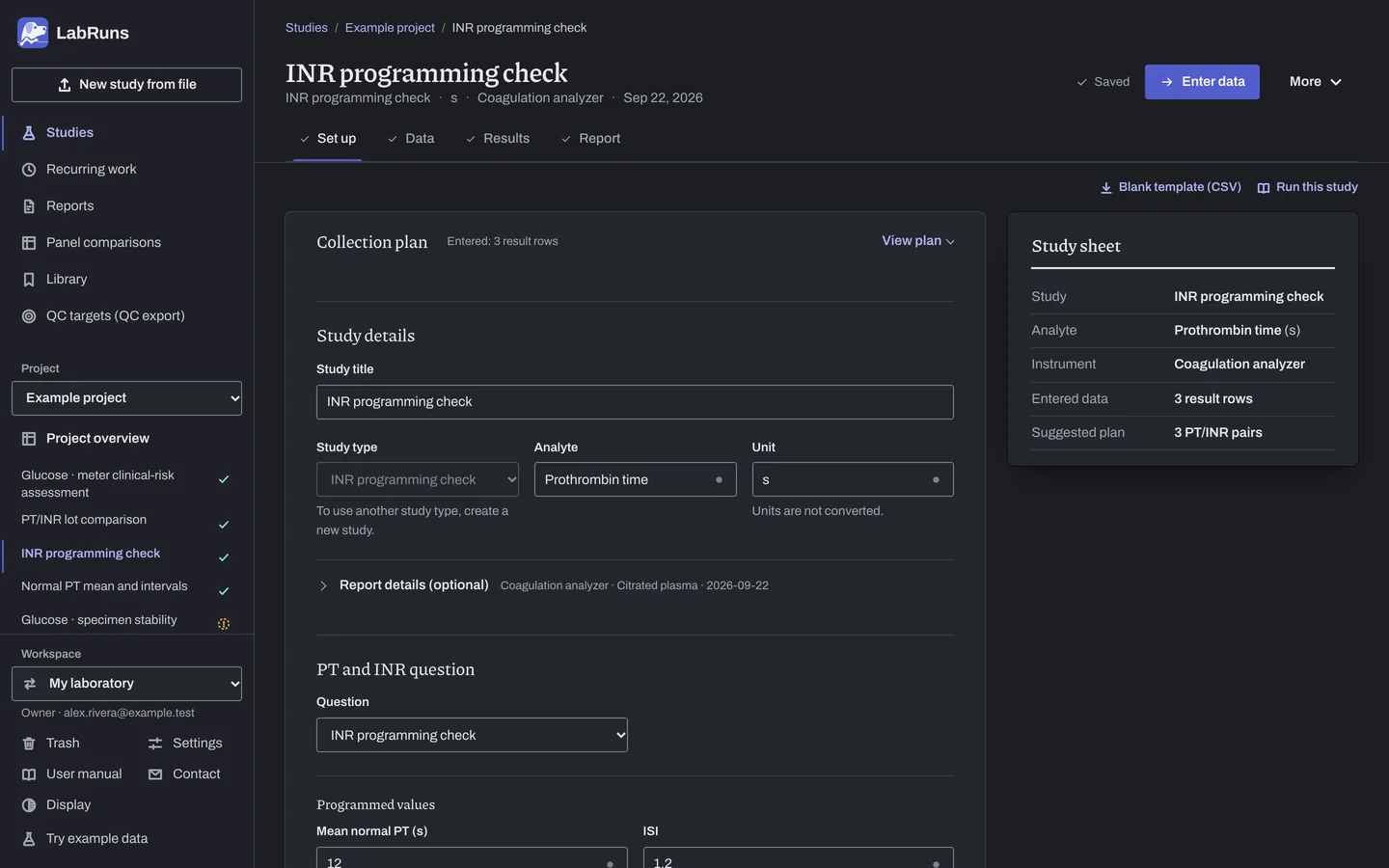 The Set up stage of the example study INR programming check in LabRuns: the study’s settings and acceptance limits.