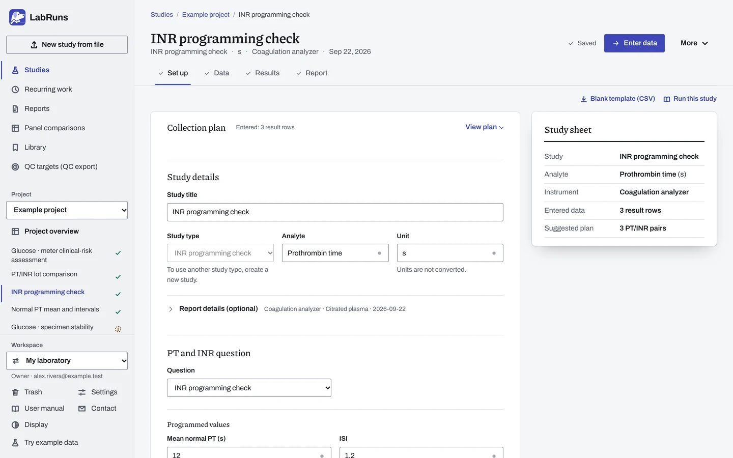 The Set up stage of the example study INR programming check in LabRuns: the study’s settings and acceptance limits.