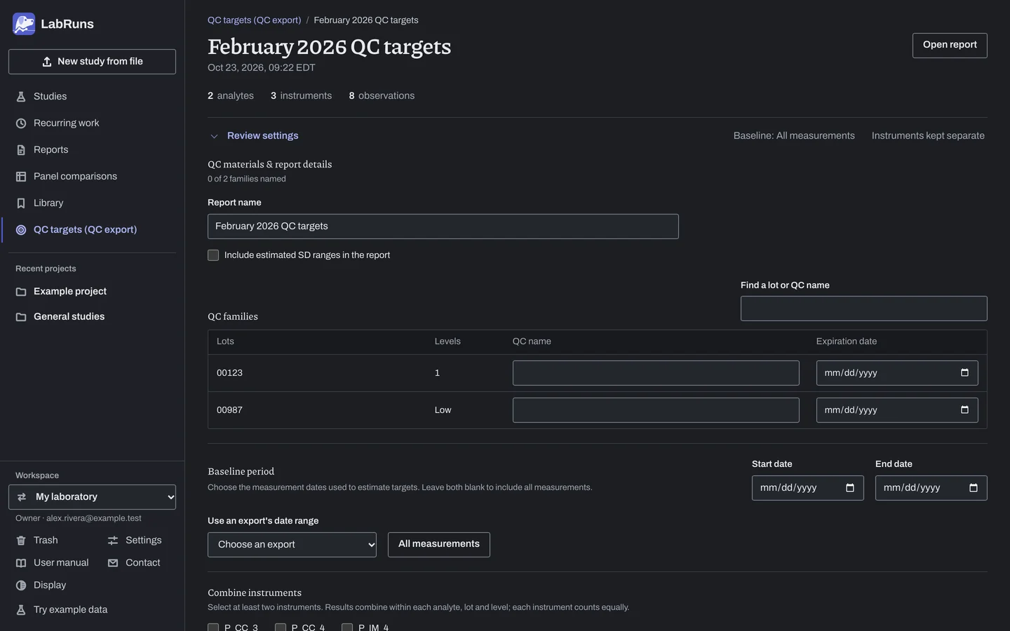 The review settings of the example workup February 2026 QC targets in LabRuns: the report details, QC families and the baseline period.