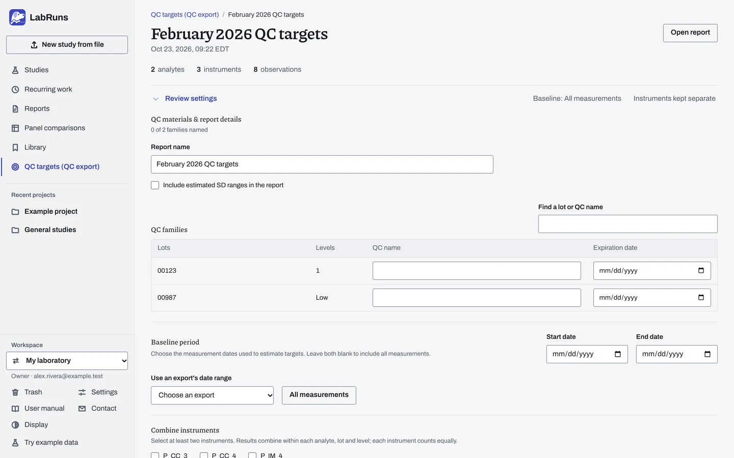 The review settings of the example workup February 2026 QC targets in LabRuns: the report details, QC families and the baseline period.