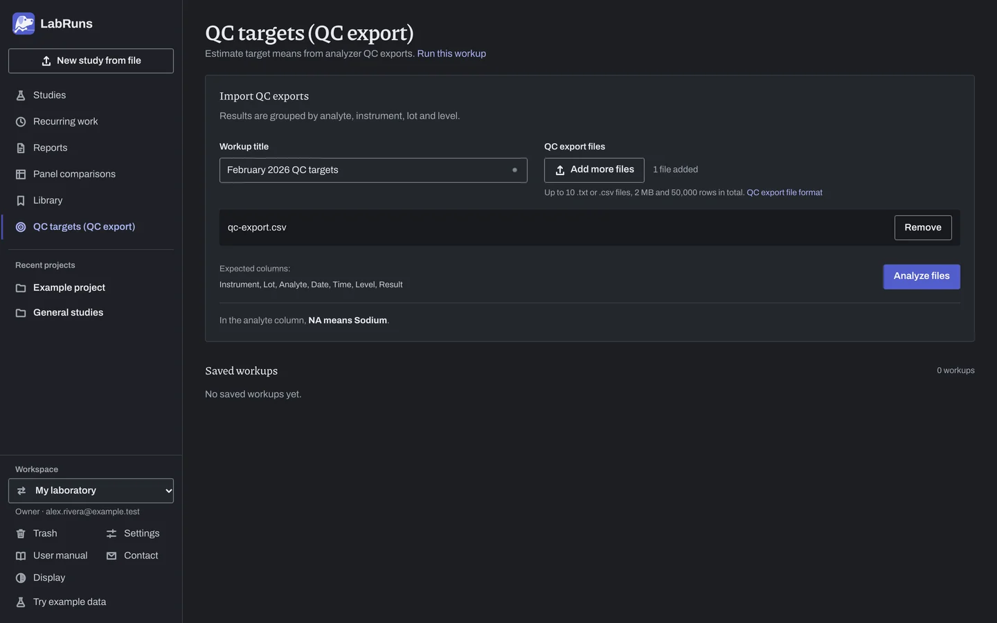 The QC targets import page of the example workup February 2026 QC targets in LabRuns: the workup title and the chosen QC export, ready to analyze.