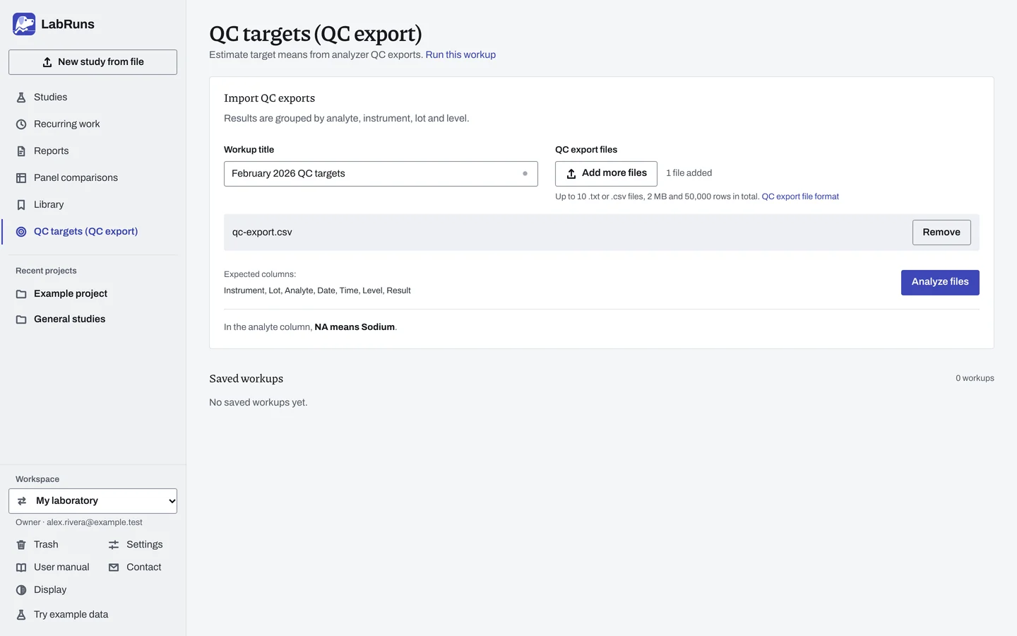 The QC targets import page of the example workup February 2026 QC targets in LabRuns: the workup title and the chosen QC export, ready to analyze.
