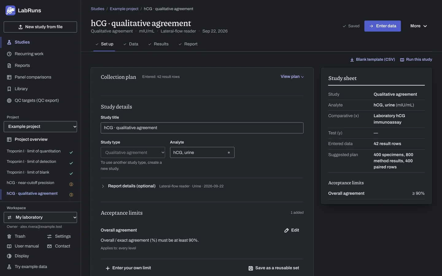 The Set up stage of the example study hCG · qualitative agreement in LabRuns: the study’s settings and acceptance limits.