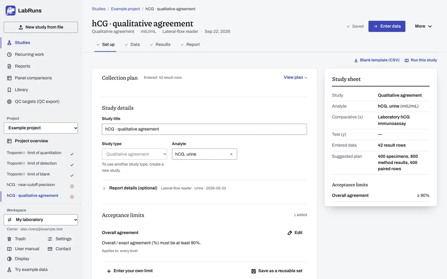 The Set up stage of the example study hCG · qualitative agreement in LabRuns: the study’s settings and acceptance limits.