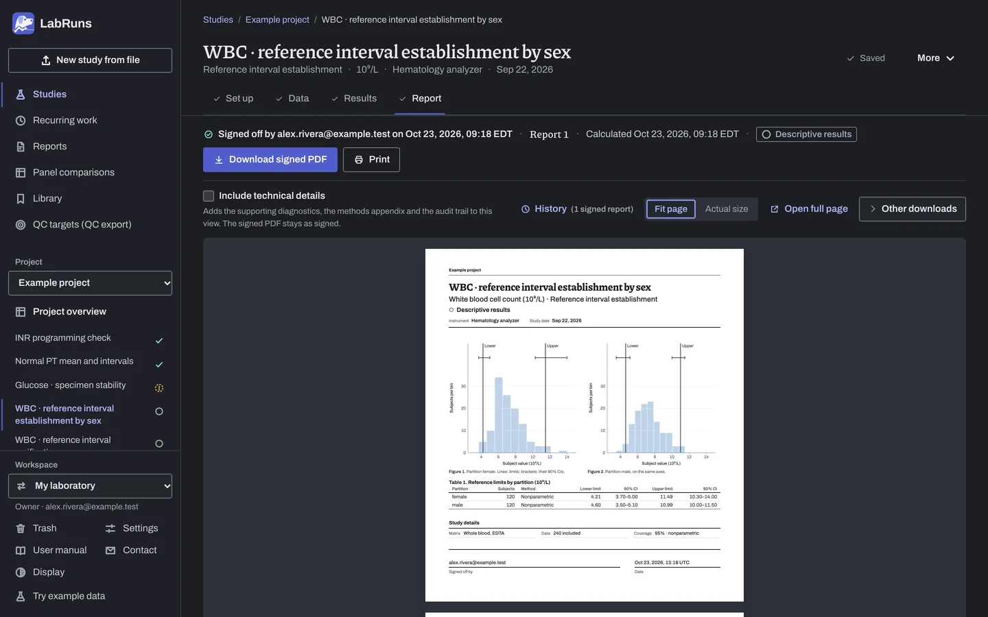 The Report stage of the example study WBC · reference interval establishment by sex in LabRuns: page 1 of the study’s report.