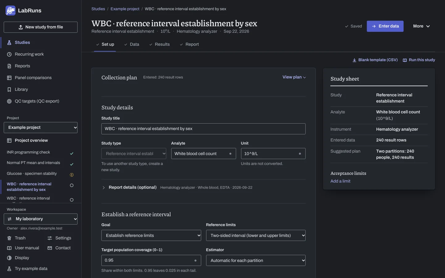 The Set up stage of the example study WBC · reference interval establishment by sex in LabRuns: the study’s settings and acceptance limits.