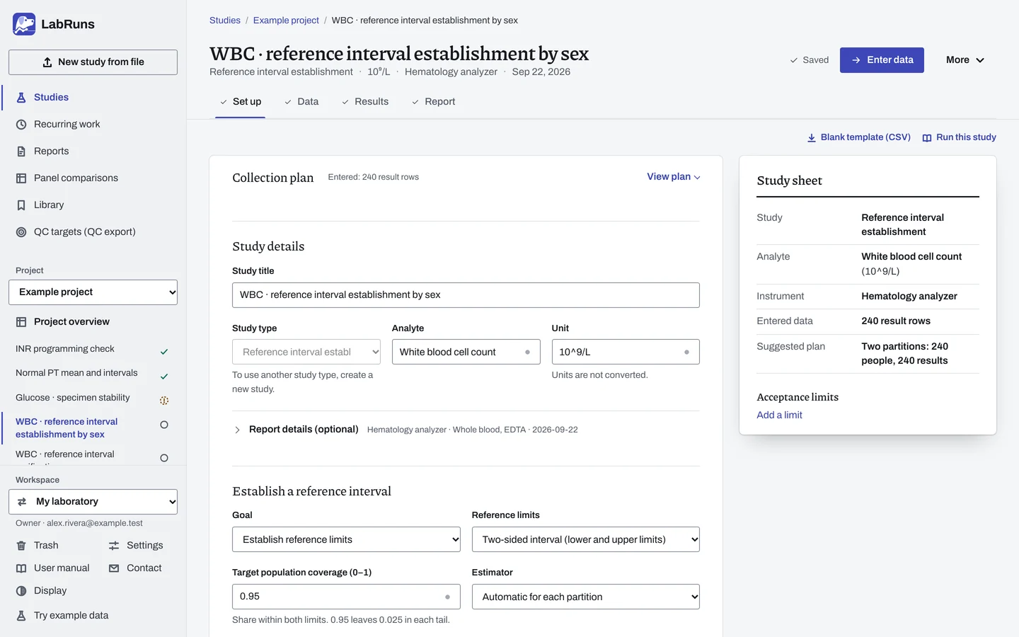 The Set up stage of the example study WBC · reference interval establishment by sex in LabRuns: the study’s settings and acceptance limits.