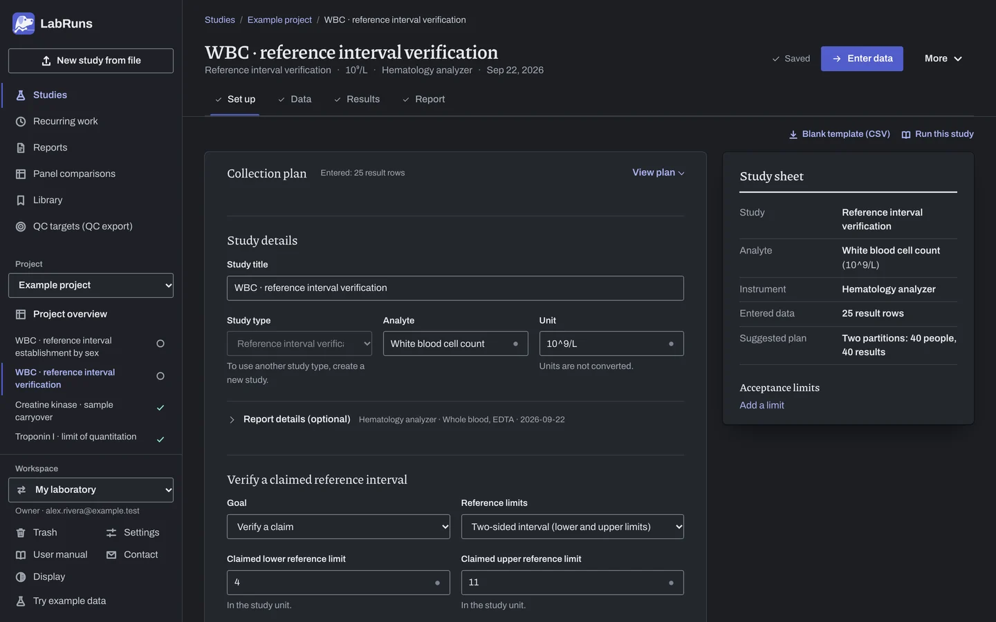 The Set up stage of the example study WBC · reference interval verification in LabRuns: the study’s settings and acceptance limits.