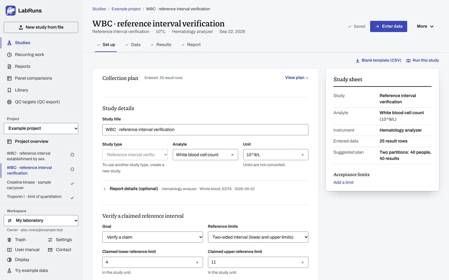The Set up stage of the example study WBC · reference interval verification in LabRuns: the study’s settings and acceptance limits.