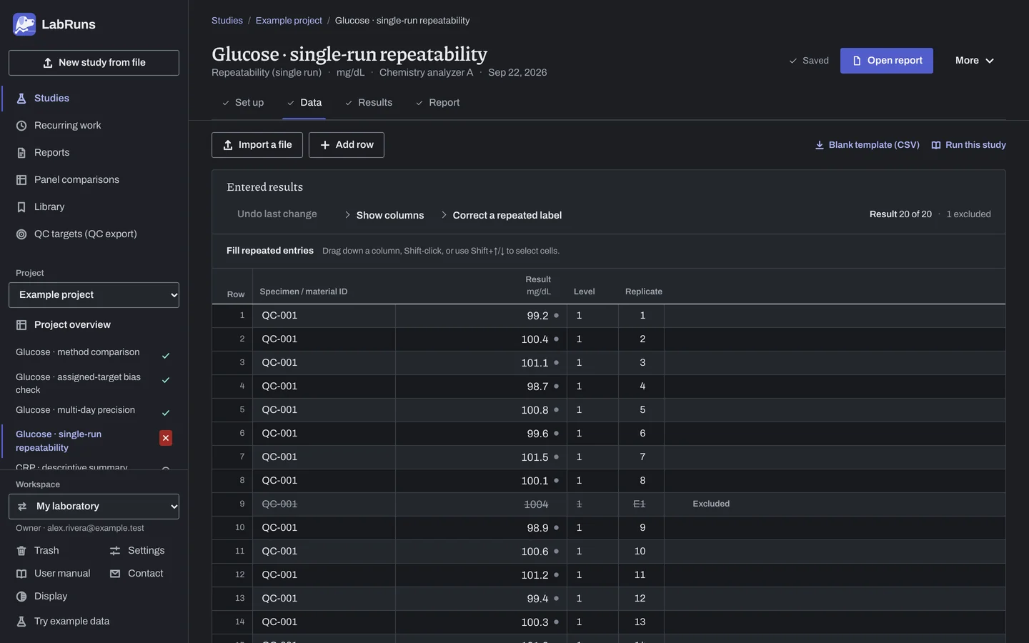 The Data stage of the example study Glucose · single-run repeatability in LabRuns: the example results as entered.