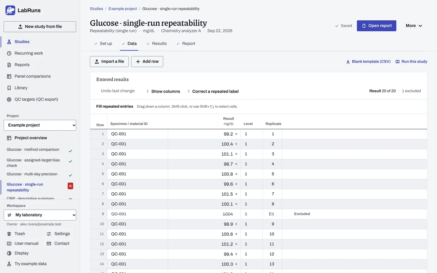 The Data stage of the example study Glucose · single-run repeatability in LabRuns: the example results as entered.