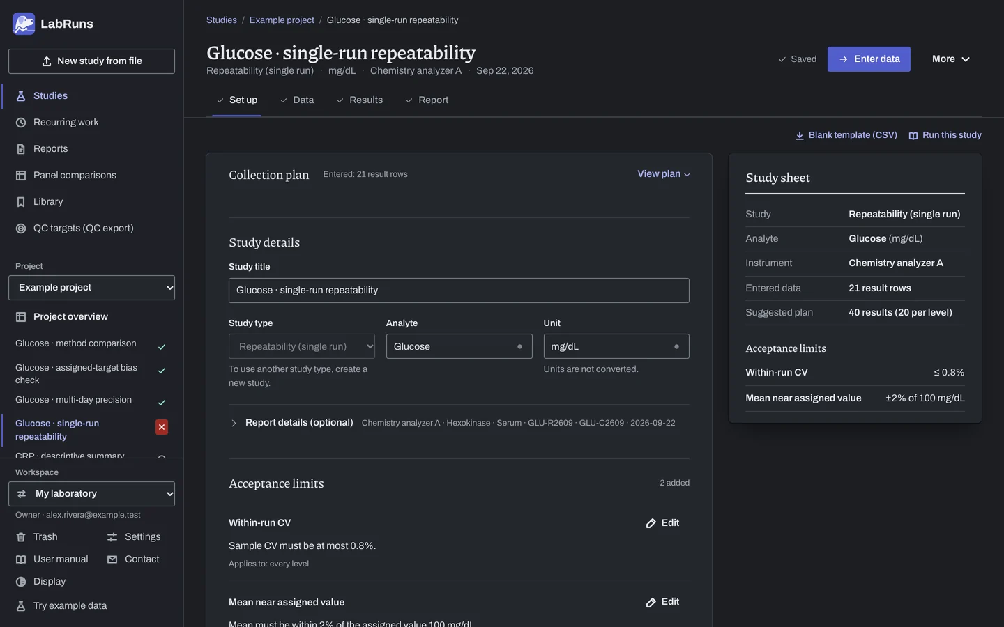 The Set up stage of the example study Glucose · single-run repeatability in LabRuns: the study’s settings and acceptance limits.