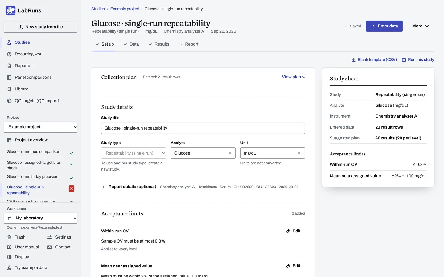 The Set up stage of the example study Glucose · single-run repeatability in LabRuns: the study’s settings and acceptance limits.