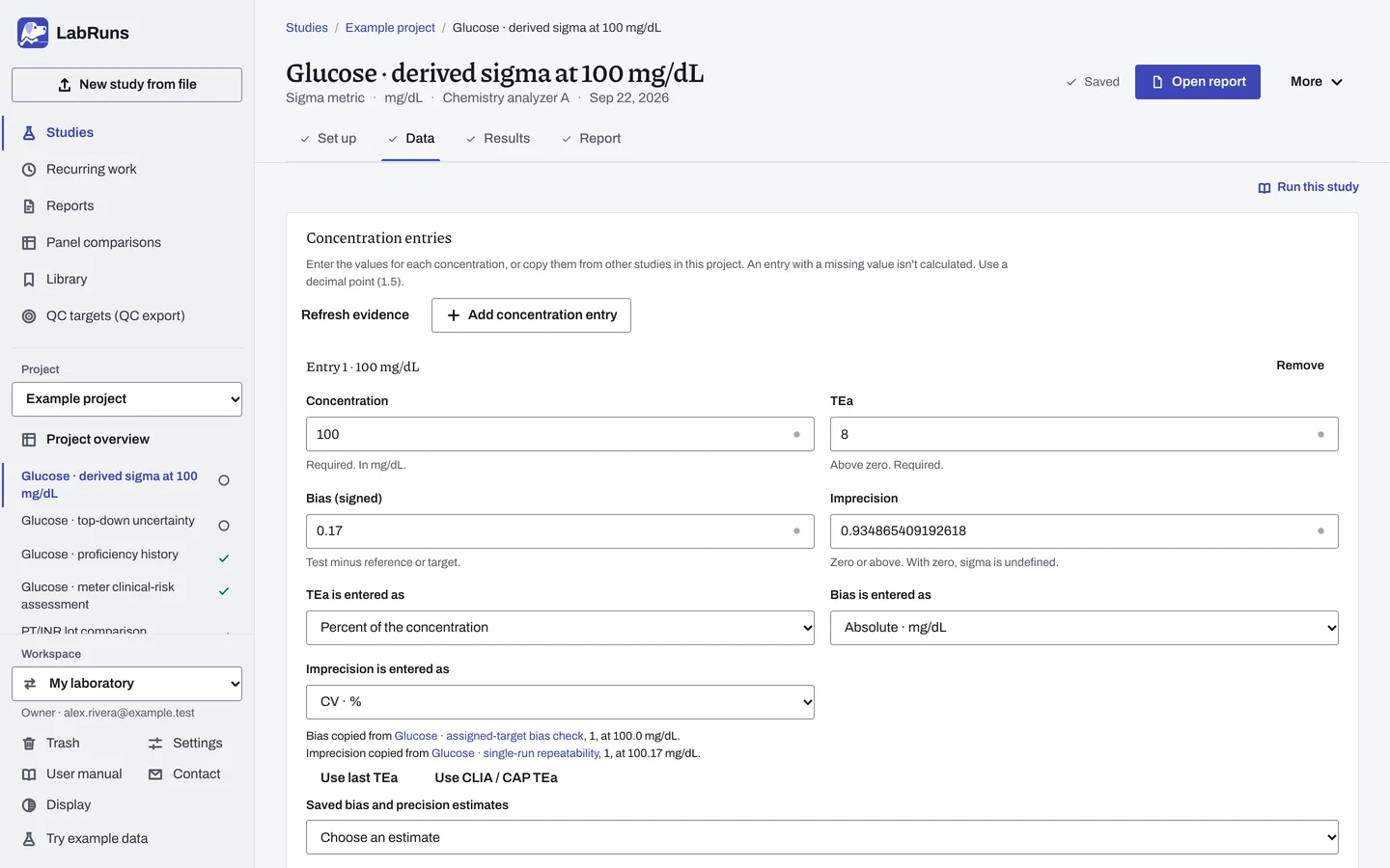 The Data stage of the example study Glucose · derived sigma at 100 mg/dL in LabRuns: the example results as entered.