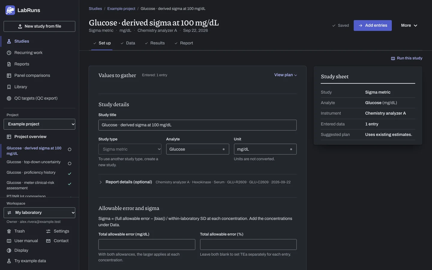 The Set up stage of the example study Glucose · derived sigma at 100 mg/dL in LabRuns: the study’s settings and acceptance limits.