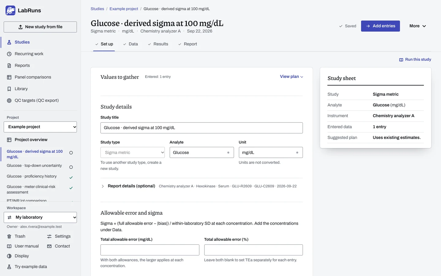 The Set up stage of the example study Glucose · derived sigma at 100 mg/dL in LabRuns: the study’s settings and acceptance limits.