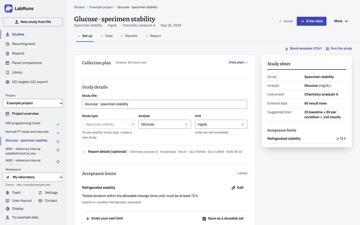 The Set up stage of the example study Glucose · specimen stability in LabRuns: the study’s settings and acceptance limits.