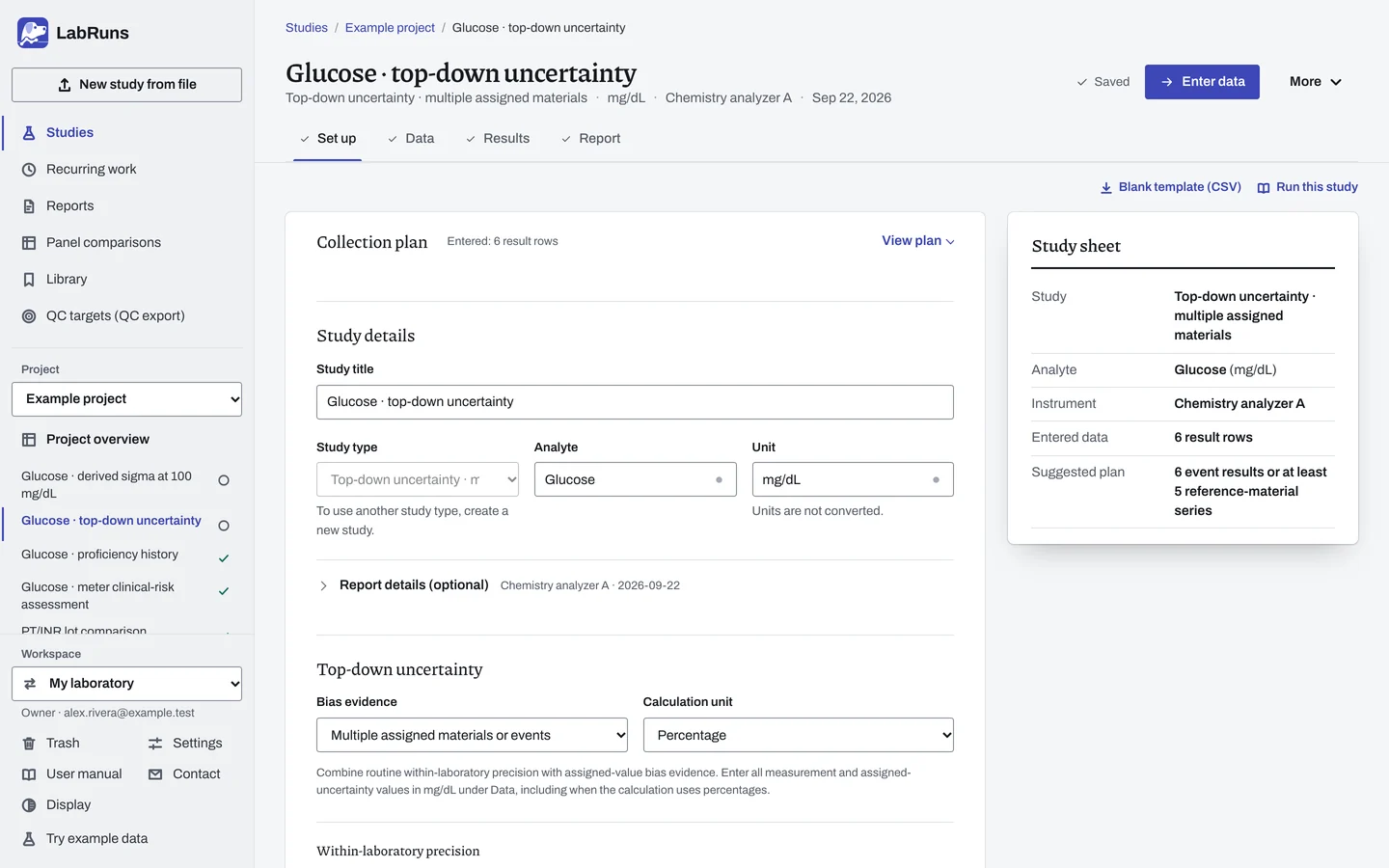 The Set up stage of the example study Glucose · top-down uncertainty in LabRuns: the study’s settings and acceptance limits.